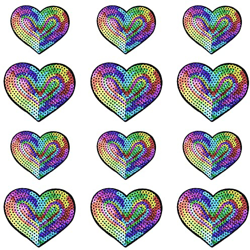 Weenkeey 12 Stück Herz Pailletten Patches Liebe Herz Aufbügeln Applikationen Bling Herz Gestickte Aufnäher für Kleid Jeans Jacken Hüte Taschen Schuhe - 2 Größen Mehrfarbig