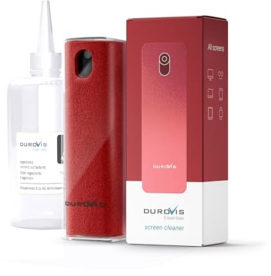 Durovis Essentials, detergente per display, flacone spray con panno in microfibra, incluso detergente per vetri da 80 ml, senza alcool per auto, smartphone/laptop