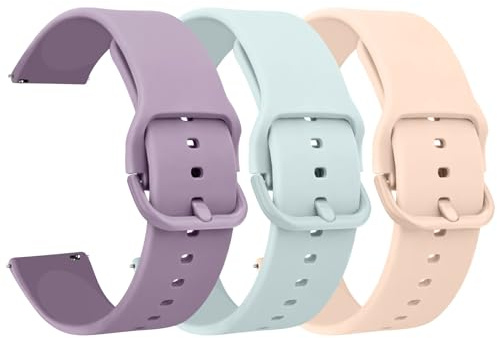AK Pack 3 Smart Watch Bands 20mm for Women Men, Replacement Straps Band for Smart Watch, soft skin-friendly silicone quick release, smart watch wristband (20mm, Pink Sand/Turquoise/Violet)