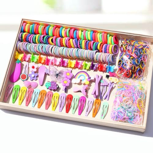 INSKIDS 844-teiliges Haar-Zubehör-Set für Mädchen, Bonbonfarben, Nylon-Haargummis, elastischer Pferdeschwanz-Halter, Gummiband für Babys, Kinder, Cartoon-Haarspange für dickes und dünnes Haar