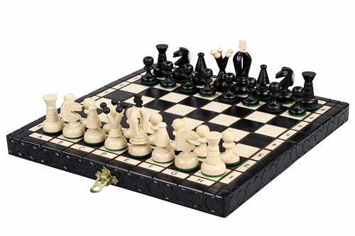 Sunrise Chess & Games Kompaktes Königliches Holzschach, 30 cm, Schwarz | Klappbrett 30 cm, Kompaktes Format, Innenfach für Figuren, Schwarze Ausführung, Gewicht 0,6 kg