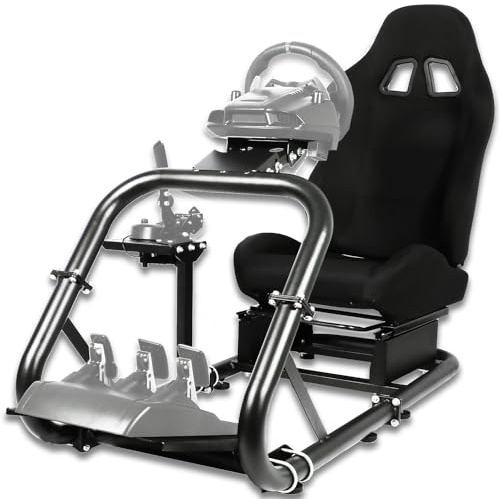 Anman Professional Flight Simulator Cockpit(50MM Round Tube) with Black Gaming Seat Fit for Logitech Thrustmaster Fanatec G29 G920 Professional Racing Stand Without Wheel Pedal Handbrake