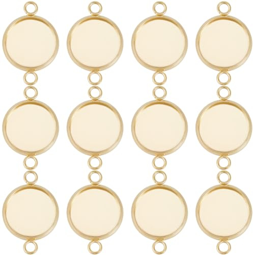 Beebeecraft 1 Box 30 Stück Cabochon Anschlussfassungen 24K Vergoldeter Edelstahl Flach Rund Leere Lünette Anhängerschalen Anschluss Cabochon Fassungen Mit 2 Schlaufen Für Die DIY