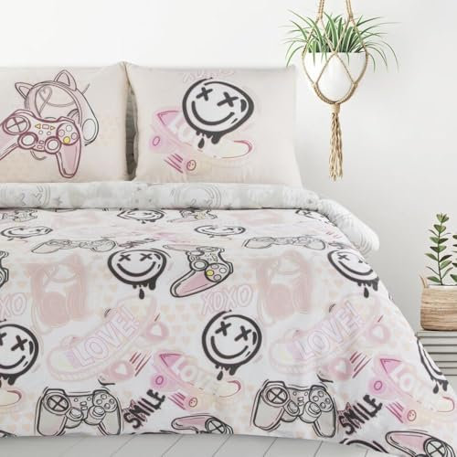 Design91 Kinderbettwäsche Doppelseitige Bettwäsche Baumwolle Bettwäschegarnitur für Kinder 2,3 TLG (Rosa Smiley, 140x200 cm)