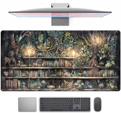 Forest Library Book Pad Desk Mat, Mystical Green Tree House XXL Extended Large Gaming Mat for Women, Office Desk Decor 31.5x15.7 in