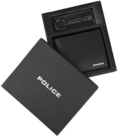 Police Geschenkset Herren, Echtleder-Portemonnaie und Schlüsselanhänger aus Metall
