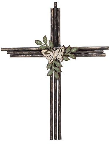 Synovana Wandkreuz aus Metall mit Blume, Vintage, klassisch, handgefertigt, florales Eisen-Wandkreuz, christliches Kruzifix, katholisches Geschenk für Zuhause, Wohnzimmer, Dekoration, 32 x 3,5 x 40,5