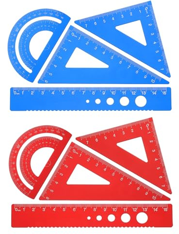 PATIKIL Set di Squadra Triangolare, Righello Metrico da 15cm in Alluminio, Squadra Triangolare 45°60° e Goniometro, 8Pz, Blu/Rosso