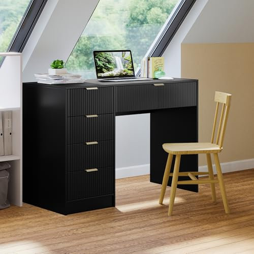 Bellamio Livny Schreibtisch schwarz geriffelt mit 5 Schubladen – Schminktisch ohne Spiegel – White Desk with Drawers 80x53x110 cm – Jugendschreibtisch - Bürotisch mit Schubladen beidseitig montierbar