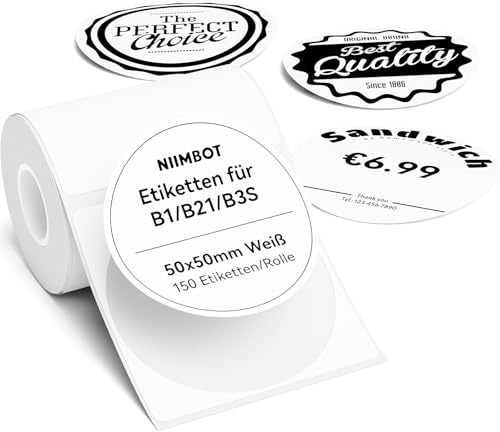 NIIMBOT Etiketten für B1 B21 B3S Etikettendrucker, 50 x 50mm 150 Etiketten/Rolle, 1 Rolle Selbstklebender Etikettenband Thermo-Etikettenband für Supermärkte, Einzelhandel, Büro, Weiß, Rund