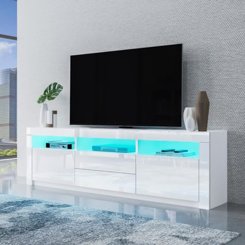 Meuble TV moderne Generic à LED brillant avec lumières blanches avec 2 portes, 2 tiroirs et 3 étagères ouvertes 160 cm