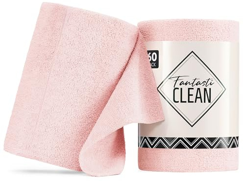 Fantasticlean Microfiber Cleaning Cloth Roll -60 Pack, Tear Away Paperless Towels, 8 x 8, Reusable Washable Rags, for House Kitchen, Pet, Office, Indoor Outdoor, Compact and Portable (Pink)