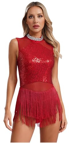 Jugaoge Women Sequins Tassel Latin Dance Dress Leotard Tango Performance Costume Ballroom Dancewear Burgundy M