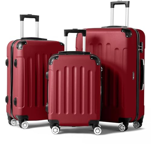 LALAHO Kofferset, 3-teilig (M, L, XL), Leichte Hartschalen-Trolleys aus ABS, Robust und Langlebig, Handgepäck mit 4 Rollen und Eckenschützern, Burgunderrot