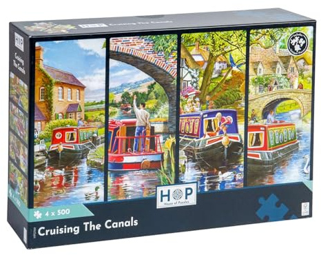 The House of Puzzles Cruising the Canals, 4 x 500 Piece Jigsaw Pack | Scenic Canal & Waterway Theme, Artist Illustrated, Deluxe Puzzle Gift for Adults