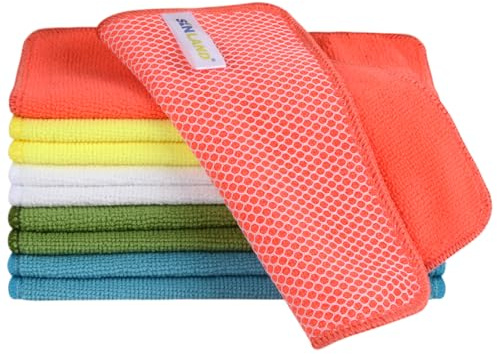 SINLAND Microfiber Dish Cloth for Washing Dishes,7.87x7.87, 10 Pack | 5 Color Assorted, Cleaning Cloths, Poly Scour Side, Best Kitchen Washcloth, Rags