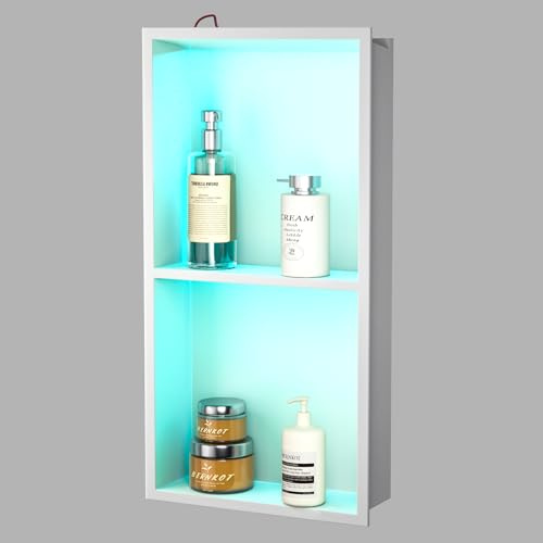 Bernkot Stainless Stainless Shower Niche 24 X 12 White with RGB Light Recessed Led Niche Shower 2 Tiers Shelf for Bathroom Wall Waterproof No Tile Needed Niches Shower Shelf