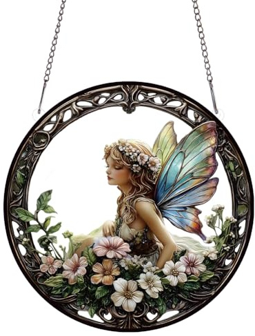 PLIGREAT Blumen Fee Acryl Sonnenfänger, Natur Blumenn Fenster Wandbehang Ornament gemalt Bunte Kunst Kunsthandwerk Sonnenfänger für Garten Haus Outdoor Hanging Dekor Frauen Geschenk