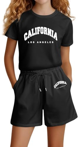 Vuncio Ensemble Enfant Fille été a la Mode Mignon Tee Shirt Manche Courte Et Short Taille Elastique Ample Vêtements Ado Fille Pas Cher Confortable Casual Jogging Vacances 4-14 Ans (Black, 9-10 ans)