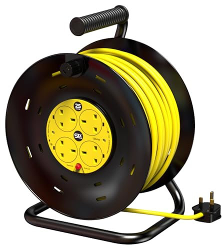 Extension Lead 25m Heavy Duty Cable Reel, 4 Socket Cord Reel UK Plug Socket with Thermal Cut-Out Protection 13A Fused Plug