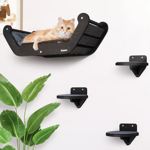 IEDPET Kletterwand Katzen inkl. 3X Katzentreppe Wand and Katzenbett zum Klettern | Kratzbaum Wand | Hängematte Katze | Katzen Wand Elemente | Wandkratzbaum | Katzenmöbel (4-teilig)