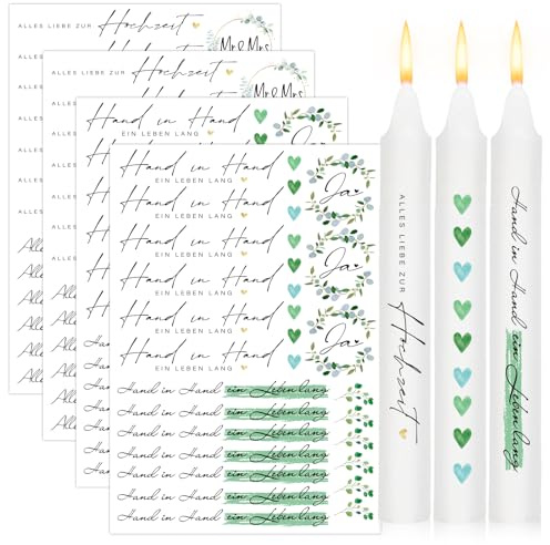 4x Kerzentattoo Hochzeit Kerzenfolie Eukalyptus Kerzen Sticker Alles Liebe zur Hochzeit Aufkleber Kerzensticker Wasserschiebefolie Sticker Hochzeitslicht DIY Kerzen Tassen Stabkerzen Dekoration