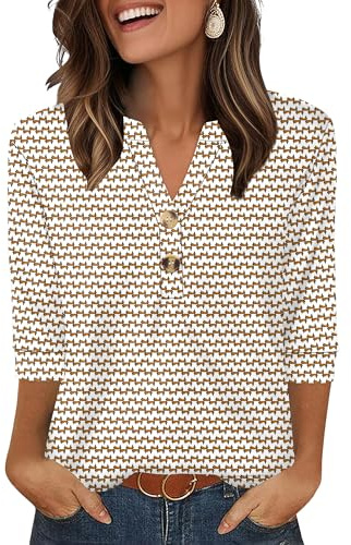 Aokosor Womens 3/4 Sleeve Tops Ladies Blouse V Neck Tunic Long Sleeve T Shirts Curved Hem Office Wear