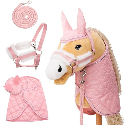 Hoofly Hobby Horse Kit d'accessoires – Licol avec tricot, couverture et bonnet anti-mouches en rose pour hobby Horses [certifié TÜV] – Idéal pour les jeux, l'entraînement et les petits tournois