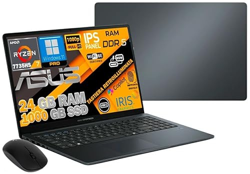 Laptop ASUS 15,6 FHD IPS - Ryzen 7 7735HS, 24 GB DDR5, 1 TB NVMe SSD, WiFi 6E, RJ45, tastiera IT QWERTY, retroilluminata, impronta Digitale, Windows 11 Pro, Pronto all'uso, Webcam FHD