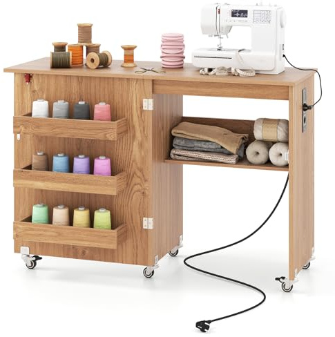 FANTASK 2 in 1 Zusammenklappbarer Nähtisch, Nähmaschinenschrank mit Ladestation, Regalen und abschließbaren Rädern, Nähtisch aus Holz, Mehrzweck-Bastelstation für Wohnzimmer, Schlafzimmer (Natur)
