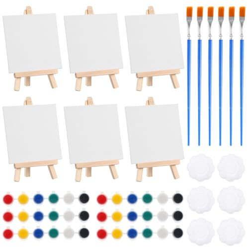 Gatuida Mini Leinwand mit Staffelei Set: 24 Teiliges Mini-Staffeleien Kleine Leinwände Farben und Pinsel für Kinder Basteln Malen Oder Deko Kunst Party Anfänger Einsteiger & Hobbymaler