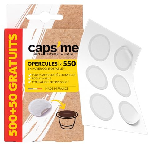 CAPSME - 500+50 0FFERTS Couvercles Opercules en Papier Compostable pour Capsules Réutilisables Compatible Nespresso Original- Filtre à Extraction Optimale Écologique made in France facile à coller.