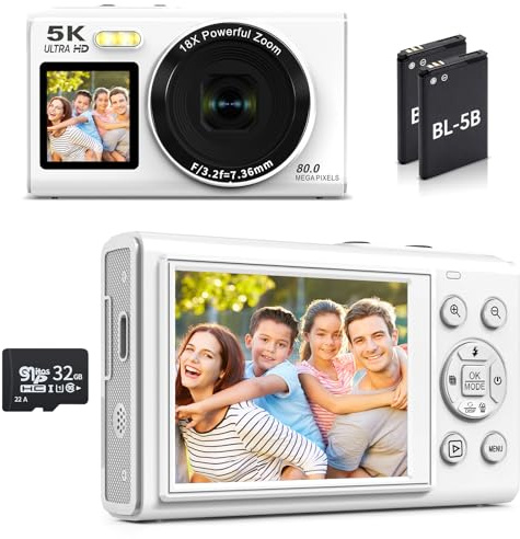 Fotocamera digitale 5K, WiFi doppia fotocamera 80 MP per fotografia, zoom digitale 18x, schermo UHD da 2,8 pollici e 1,5 pollici, luce di riempimento a LED, videocamera compatta compatta da viaggio