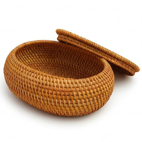 Cesta de mimbre con tapa, cesta de almacenamiento de ratán natural para organización del hogar, caja decorativa redonda para llaves, aperitivos, frutas, ovalada, almacenamiento de mimbre, con tapa