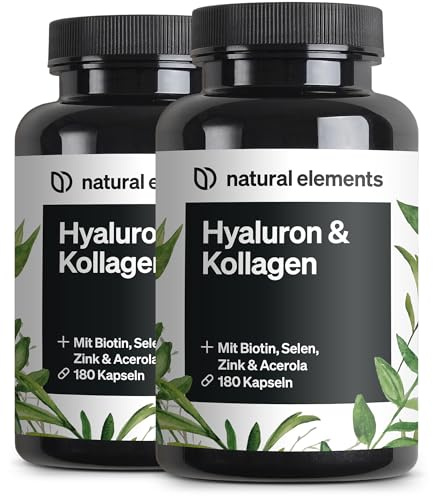 natural elements Hyaluronsäure Kollagen Komplex (2er Set) - 2x 180 Kapseln - Angereichert mit Biotin, Selen, Zink, Vitamin C aus Acerola & Bambusextrakt - Laborgeprüft