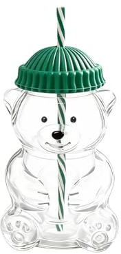 NSXIN Gläserne Teddy-Becher mit Deckel & Strohhalm Weihnachts-Teddymug mit Mütze für Kaffee Tee Kalte Getränke (Grün)