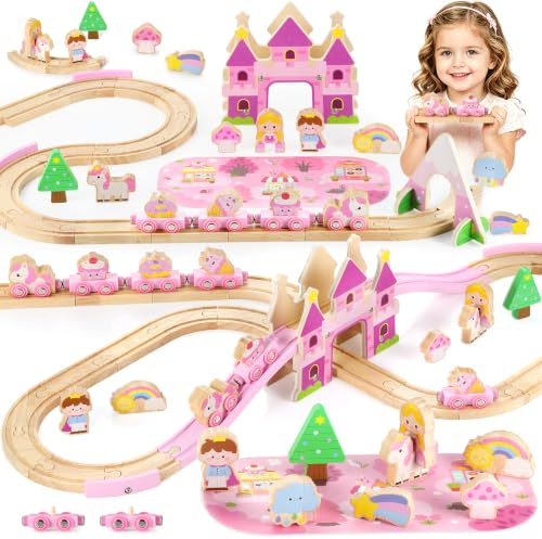 GAGAKU Ensemble de train en bois 41 pièces – Jouets licorne magnétiques pour filles et tout-petits de 2 à 4 ans, ensemble de jeu de chemin de fer rose avec pont de château et tapis de jeu, cadeau