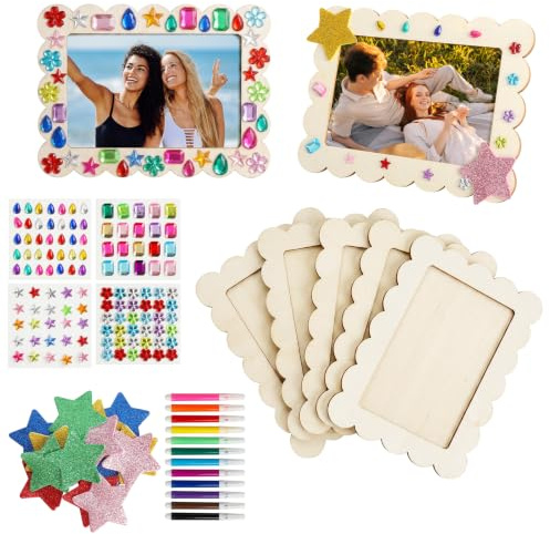 10 Marcos de Fotos de Madera para Pintar, Kit Manualidades para Niños DIY | Madera natural 20 x 15 cm set con 12 rotuladores pegatinas estrella, joyas 3D, soporte, clavos giratorios y bordes lisos