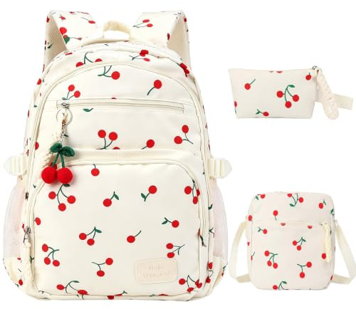 Aesthetic School Bag for Girls, 4Pcs Cherry Backpack for Girls Women, Kawaii School Backpack with Shoulder Bag, Handbags and Cute Pendant, Cut Kawaii Lightweight Bookbag for Teenage Secondary School