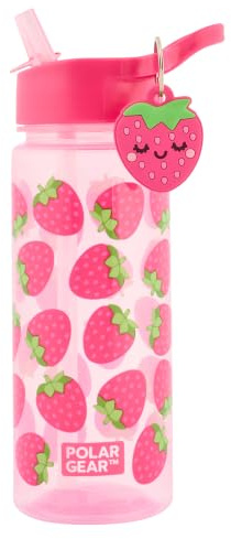 Polar Gear Kids Water Bottle 500ml – Berries Design Drinks Bottle with Flip-Top Straw & Detachable Charm Keyring – BPA Free Polypropylene – Reusable School Bottle for Children (Berries (Pink))