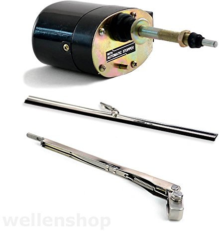 wellenshop 12 Volt Scheibenwischermotor mit ON/Off Schalter, Edelstahl Scheiben-Wischerarm ausziehbar, Edelstahl Scheiben-Wischerblatt 350 mm Wischermotor Scheibenwischer Boot