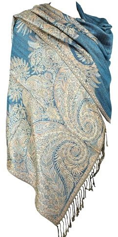 Achillea Luxueux châle pashmina double couche jacquard grand cachemire, turquoise, 80 X 28'