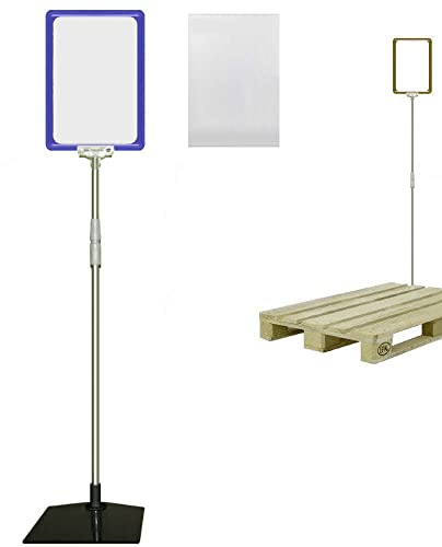 Plakatständer DIN A5 Rahmen blau mit U-Tasche, Teleskopständer höhenverstellbar bis 1510 mm mit Teleskoprohr ALU Kunststoff, Fuß eckig 160x192 mm Stahl schwarz, Kundenstopper, Aufsteller für Paletten