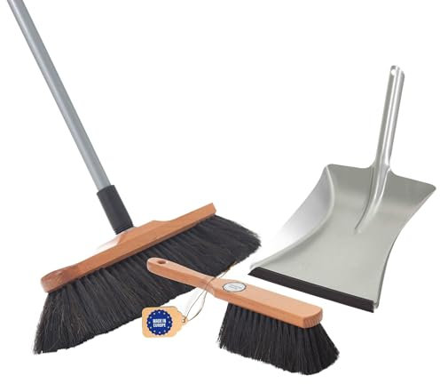 Novaliv Zimmerbesen mit Stiel ROSSHAAR Mischung Besen weiche Borsten Schrankbesen mit Teleskopstiel und Handfeger Kehrblechgarnitur Metall mit Gummilippe Kehrblechbesen Feger und Kehrblech