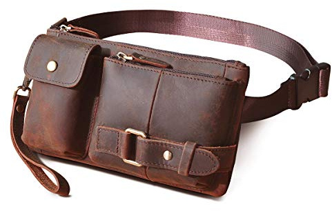 Le’aokuu Herren Echtes Leder Hüfttasche Brusttasche Bauchtsche Crossbody Bag Sling Bag Schultertsche Wandern Brustbeutel 8135 (8135 Braun 3)