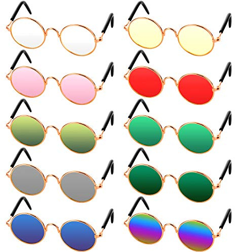 10 Pieces Cat Dog Sunglasses Funny Pet Glasses Round Metal Small Classic Retro Sunglasses Pet Hippie Cute Dog Cat Cosplay Party Costume Photo Props Cosplay Glasses(Mixed Color)