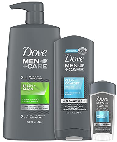 DOVE MEN + CARE Hair + Skin Care Regimen Personal Care for Men Clean Comfort + Fresh & Clean Body Wash, 2-in-1 Shampoo and Conditioner, and Antiperspirant Clinical Deodorant