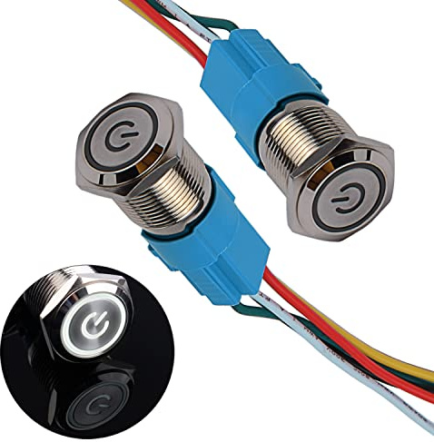 JIQI 2× 16mm Latching Druckschalter Metall 12V bis 24V 3A einrastend EIN/AUS Schalter mit weißem LED Symbol IP66 1NO1NC Selbstsichernde wasserdichte vorverdrahte Druckknopf Taster für Boot LKW RV Auto