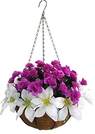 Haus und Außenhof DIY Hübsche Seide Weiße Weihnachtsblume Künstliche Weihnachtsstern Und Künstliche Lila Azaleen Blumenkette Hängender Korb Weihnachtsdekoration (Big Basket)