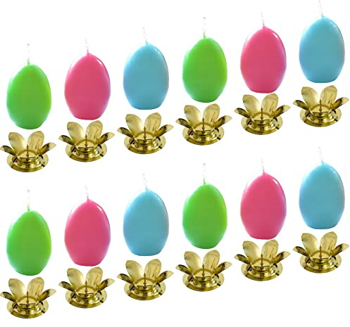 AUSWAHL Farbe + Menge - Eikerzen Dekoeier Kerze Osterei Eierkerzen farbig sortiert 4,5 x 6,5 cm inkl. Kerzenständer aus Metall - hier: 12 Stück [grün, pink. hellblau]